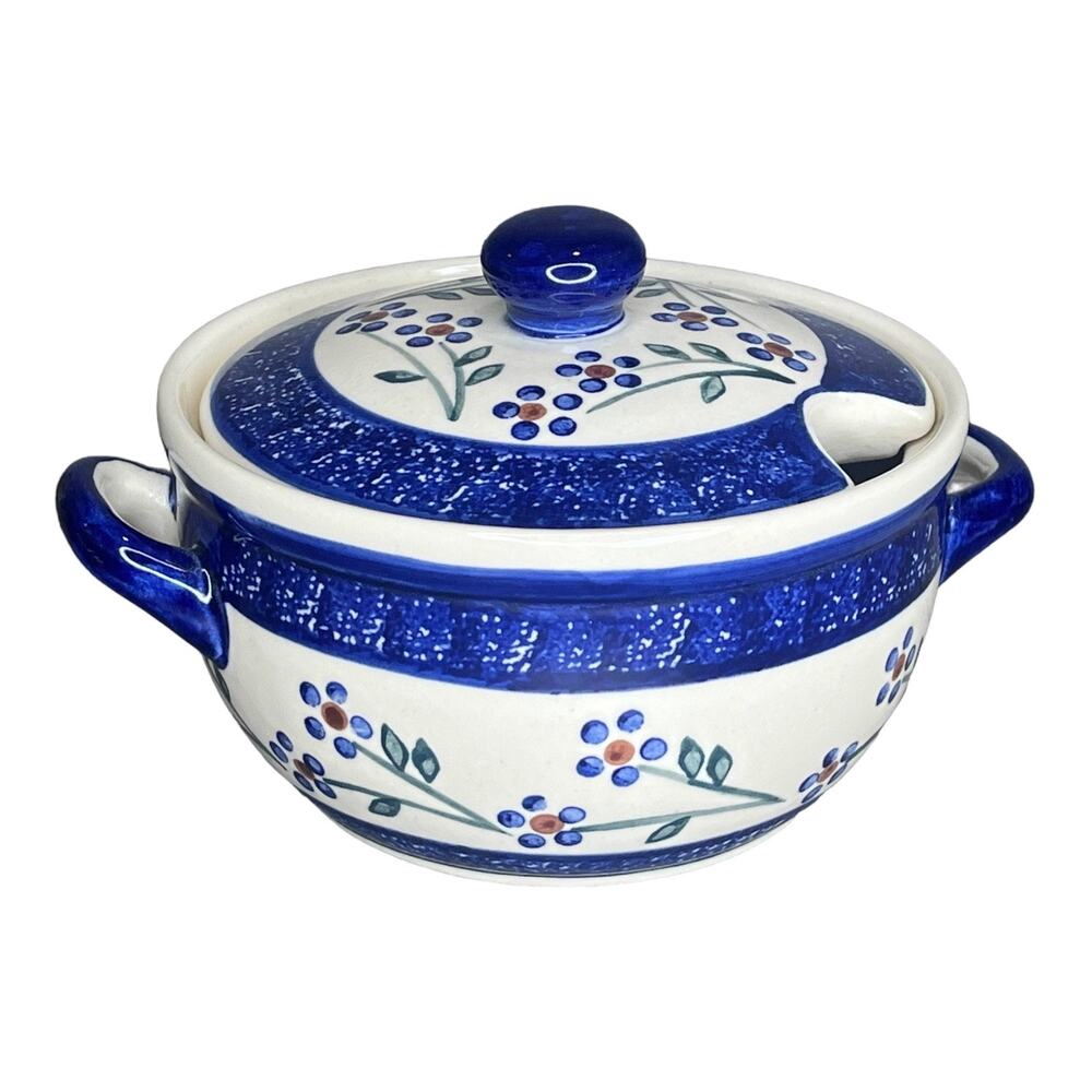 VTG Wiza Poland COVERED DISH Sugar Bowl Gravy Mini Crock Handles Polish Pottery